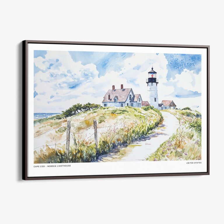 01 - 00 - Framed Cape Cod Nobska Lighthouse Watercolor - Horizontal Canvas Print - Main.jpg