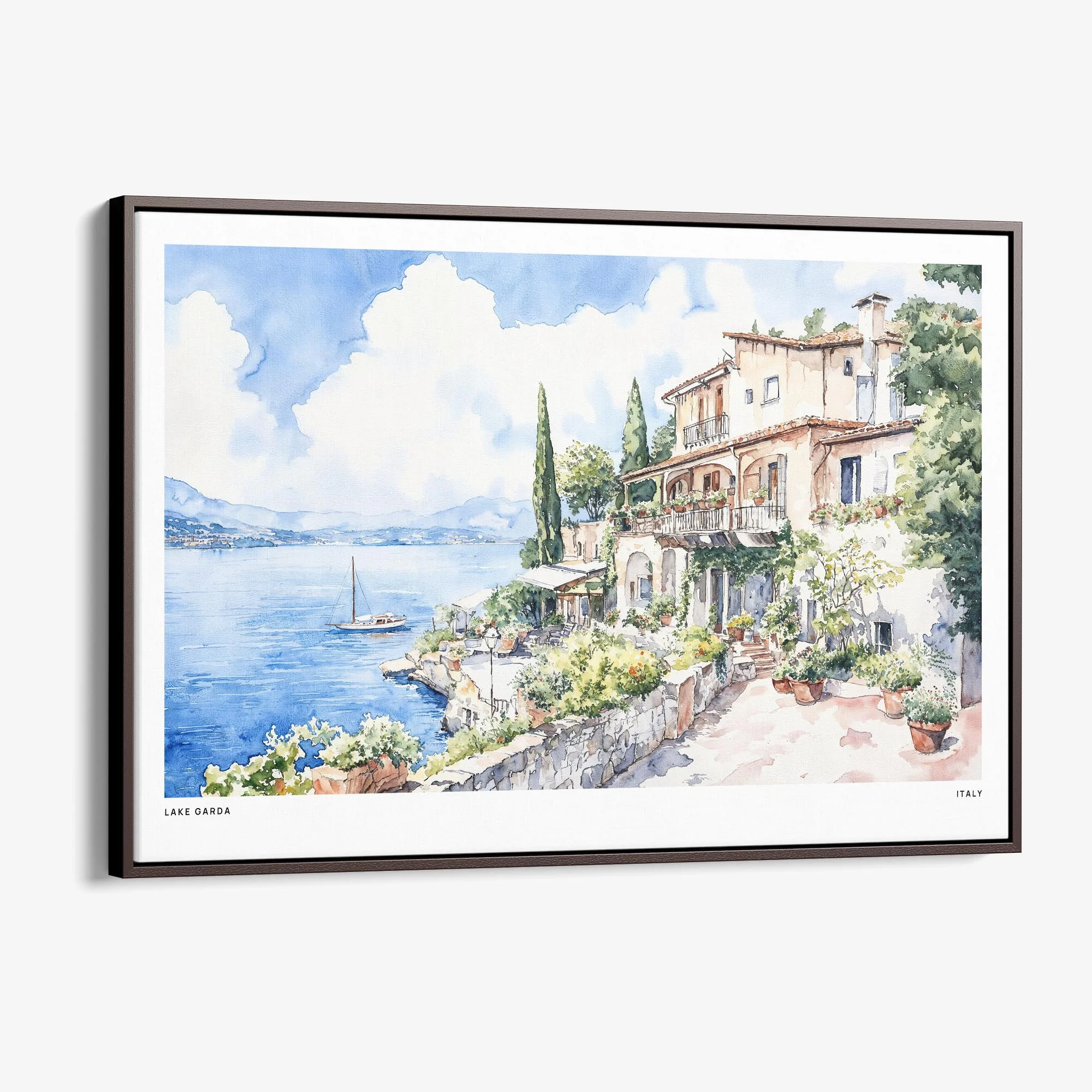Lake Garda Watercolor Canvas Print – Charming Italian Landscape Wall Art