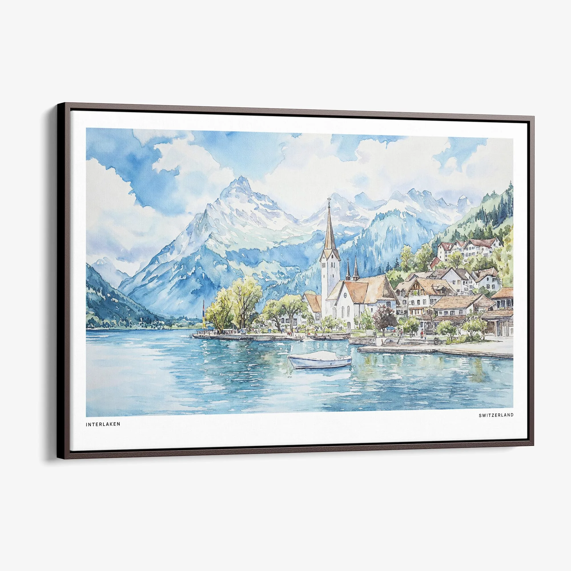 Interlaken Watercolor Canvas Print – Charming Swiss Landscape Wall Art