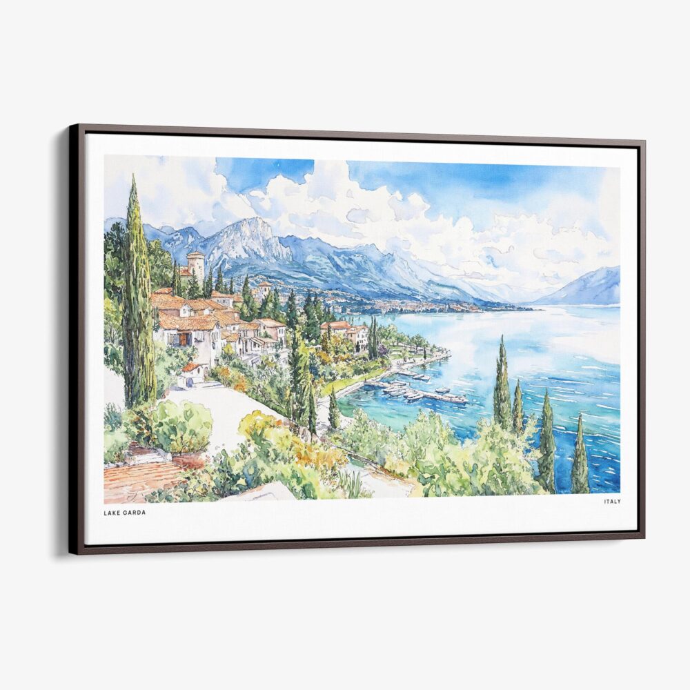 01 - 00 - Framed Lake Garda in Italy Watercolor - Horizontal Canvas Print - Main.jpg