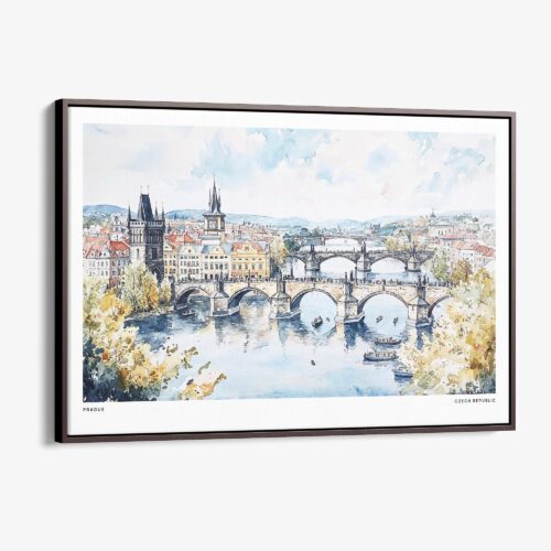 01 - 00 - Framed Prague Skyline Watercolor - Horizontal Canvas Print - Main.jpg
