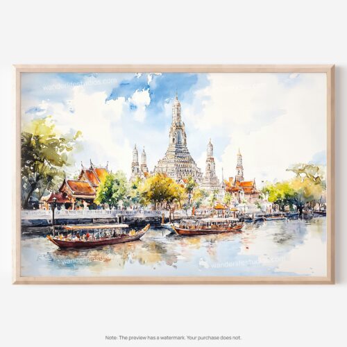 01 - 01 - Bangkok Wat Arun Temple of Dawn Watercolor - Horizontal Art - Digital Download - Main.jpg