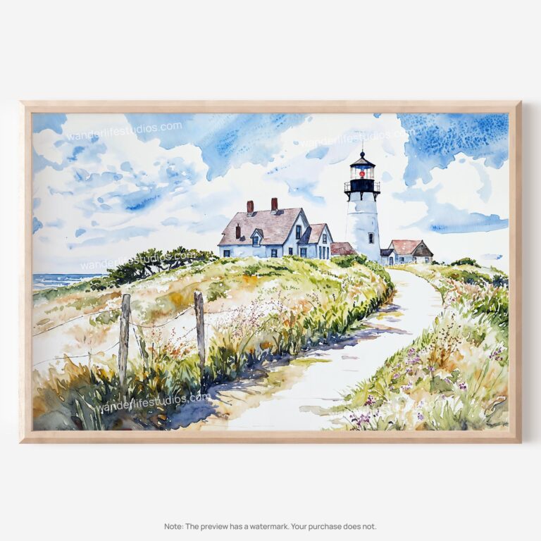 01 - 01 - Cape Cod Nobska Lighthouse Watercolor - Horizontal Art - Digital Download - Main.jpg