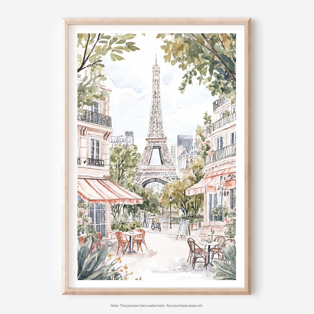 01 - 01 - Cozy Paris Cafe Streetscene with Eiffel Tower Watercolor@2x Art - Digital Download - Main.jpg
