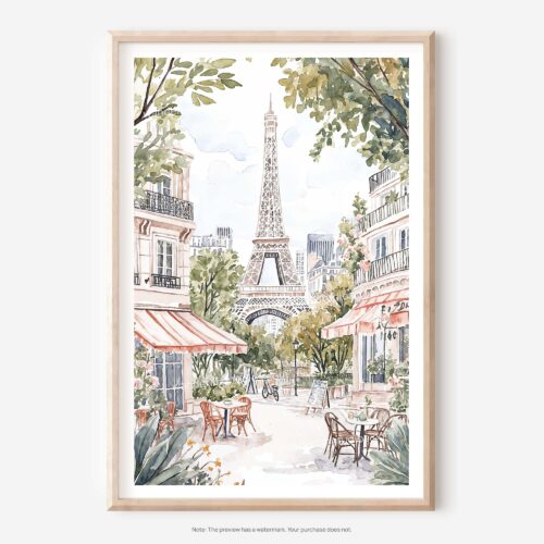 01 - 01 - Cozy Paris Cafe Streetscene with Eiffel Tower Watercolor@2x Art - Digital Download - Main.jpg