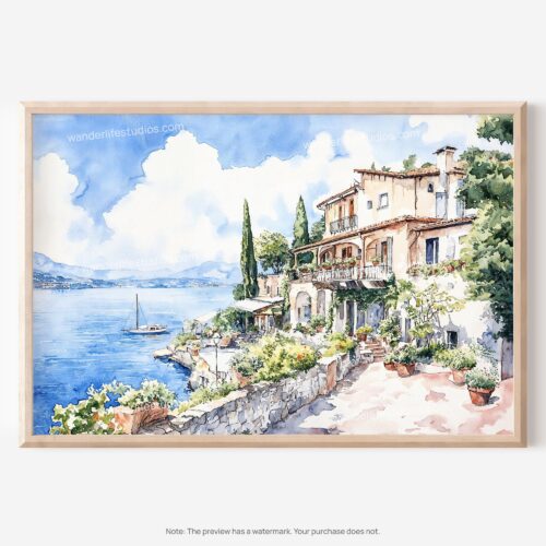 01 - 01 - House by Lake Garda Watercolor - Horizontal Art - Digital Download - Main.jpg