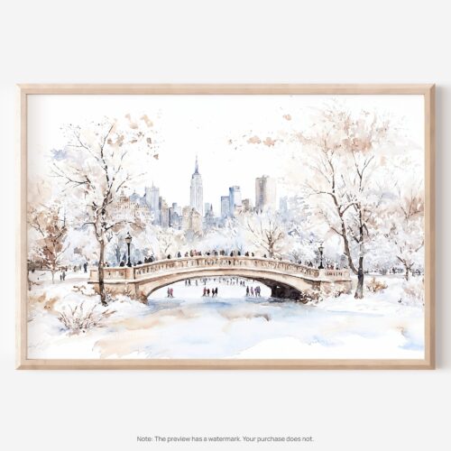 01 - 01 - New York Central Park in Winter Watercolor - Horizontal Art - Digital Download - Main.jpg
