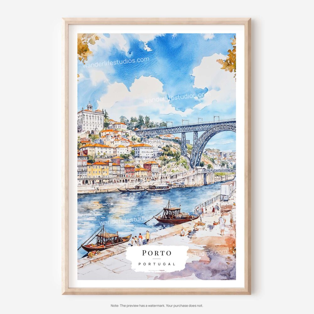 01 - 01 - Porto Ribeira with Dom Luis Bridge Watercolor Art - Digital Download - Main.jpg