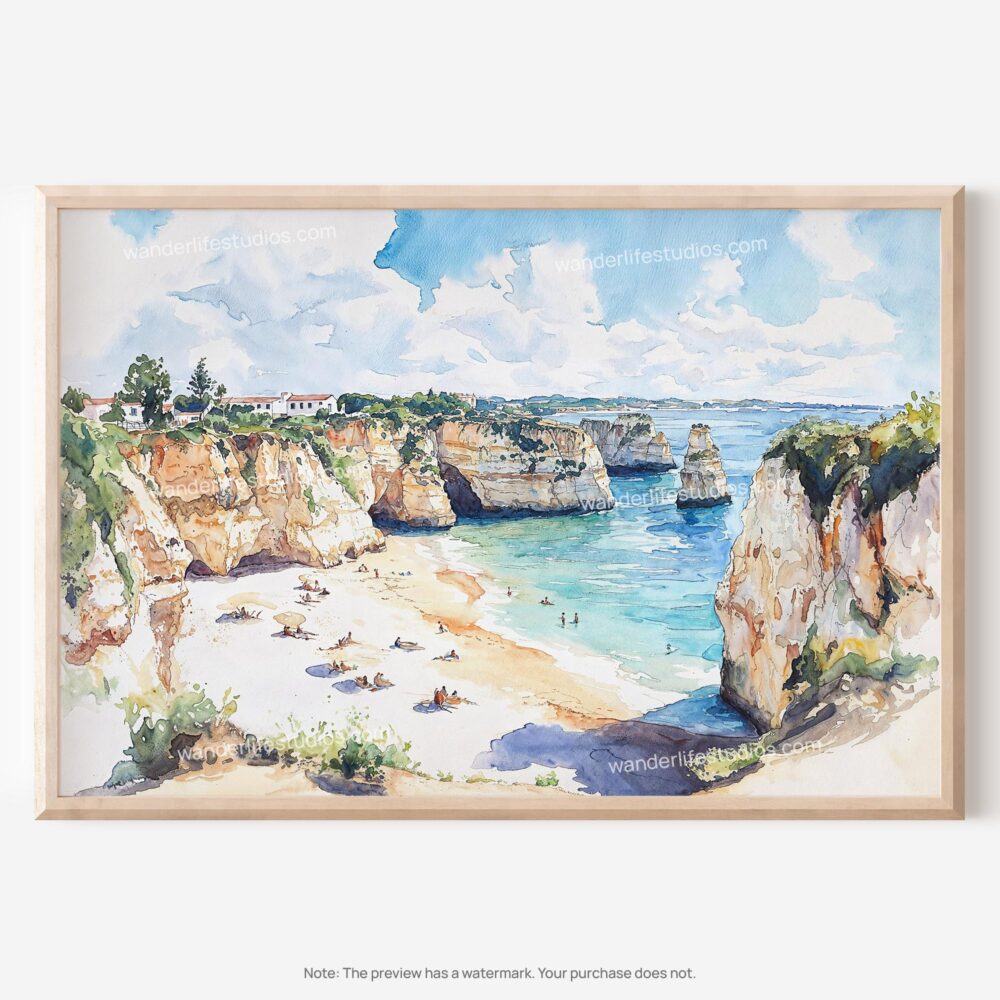 01 - 01 - Portugal Algarve Watercolor - Horizontal Art - Digital Download - Main.jpg