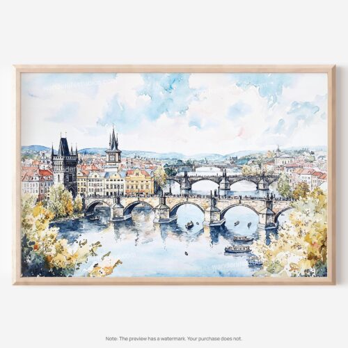 Home 9 01 - 01 - Prague Skyline Watercolor - Horizontal Art - Digital Download - Main.jpg