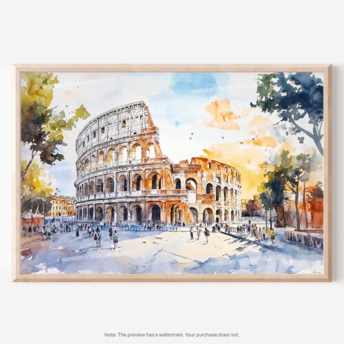 01 - 01 - Rome Colosseum Watercolor - Horizontal Art - Digital Download - Main.jpg