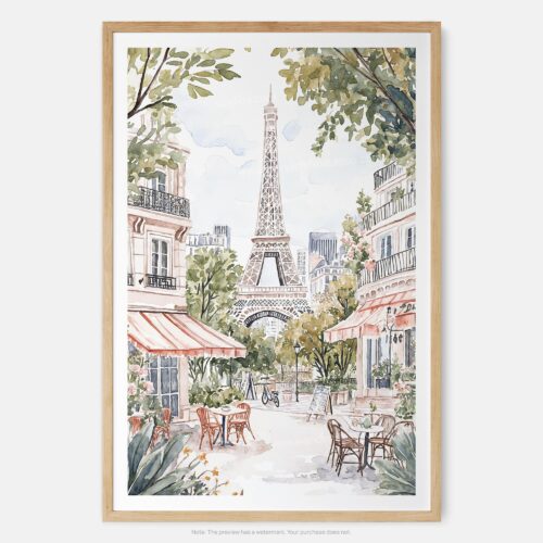 01 - Cozy Paris Cafe Streetscene with Eiffel Tower Watercolor@2x Art Print - Main - Vertical.jpg