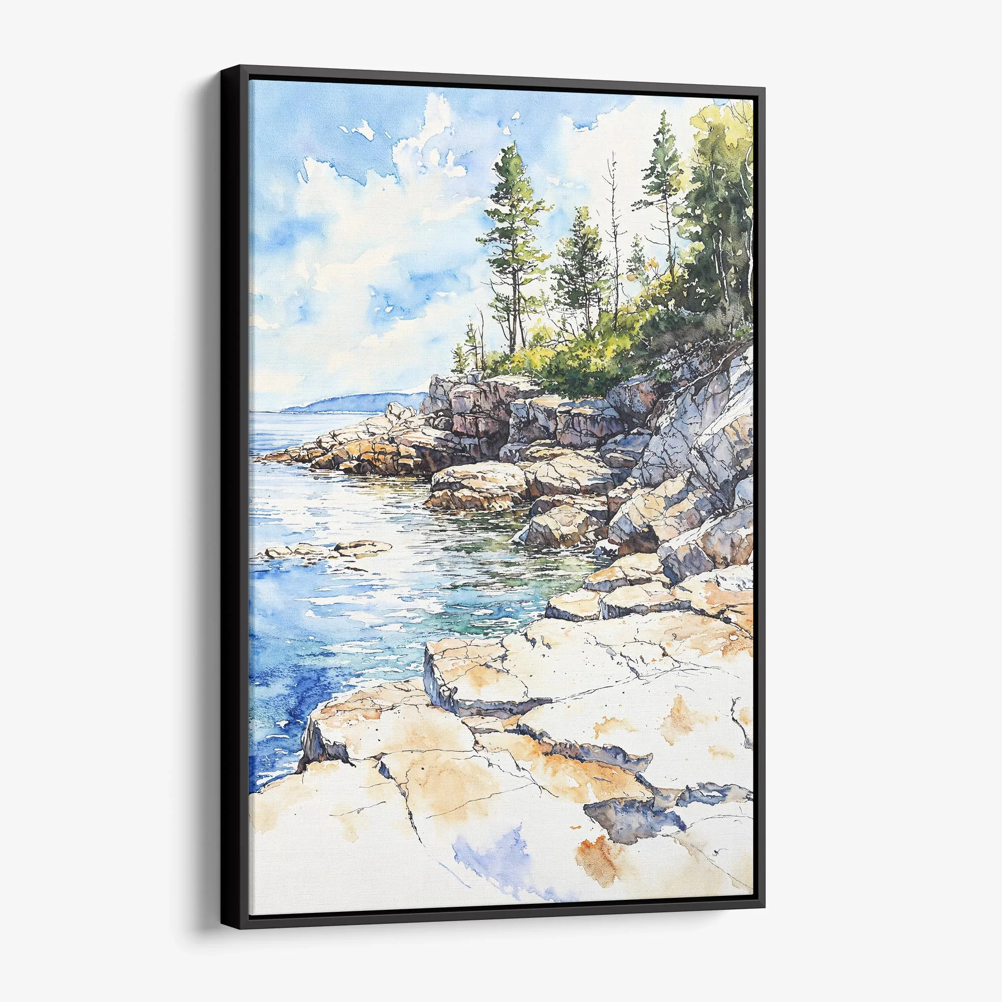 Acadia National Park Watercolor Canvas Print – Seaside Landscape Art