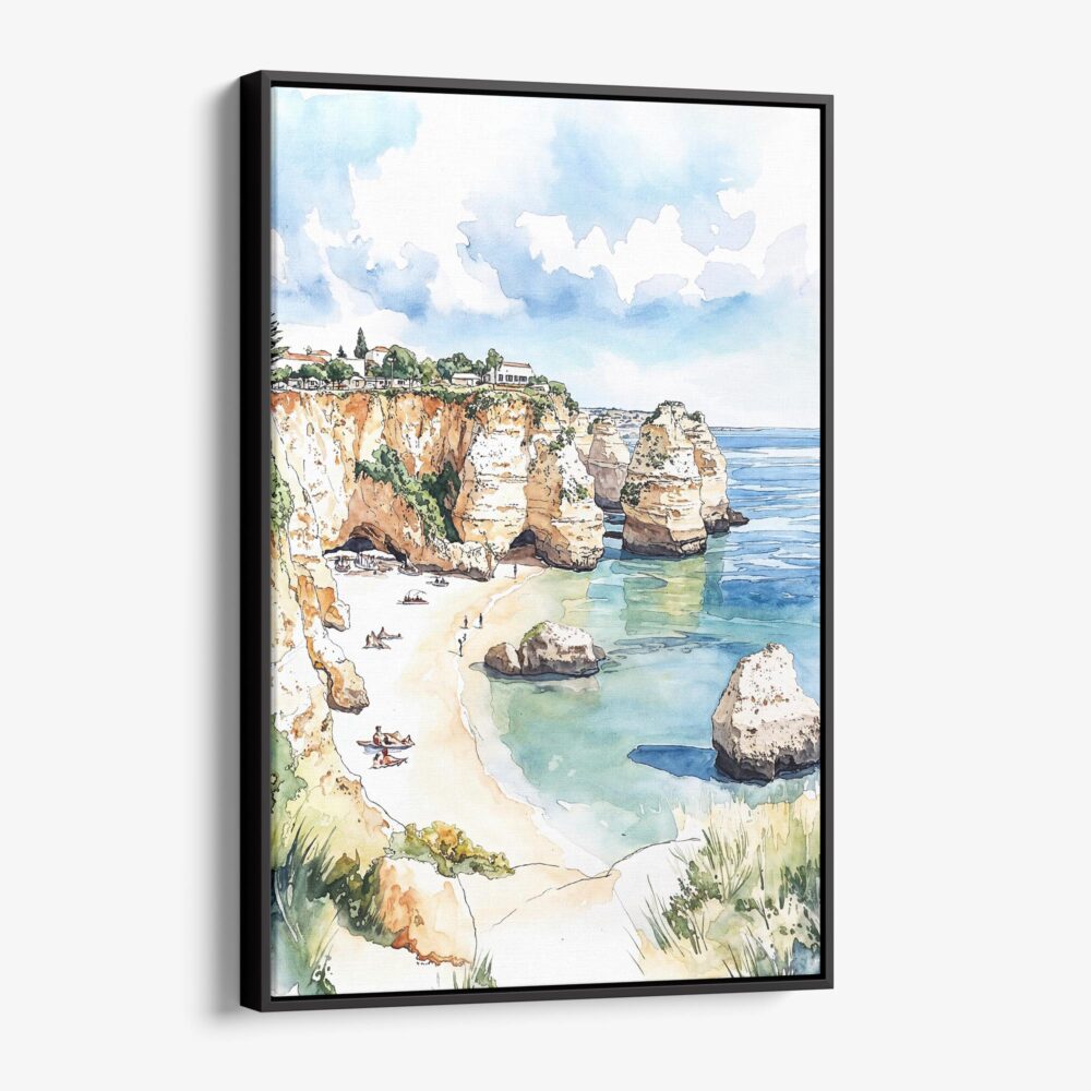 01 - Framed Algarve Beach Watercolor Canvas Print - Vertical - Main.jpg 01 - Framed Algarve Beach Watercolor Canvas Print - Vertical - Main.jpg