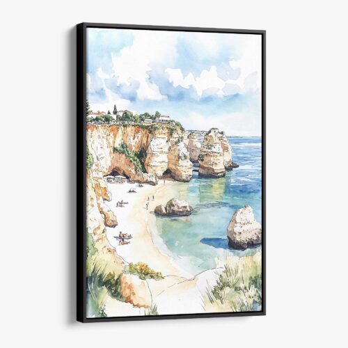 01 - Framed Algarve Beach Watercolor Canvas Print - Vertical - Main.jpg