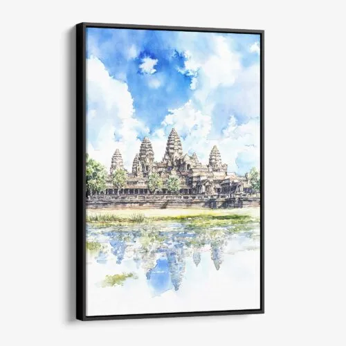 01 - Framed Angkor Wat Cambodia Watercolor Canvas Print - Vertical - Main.jpg