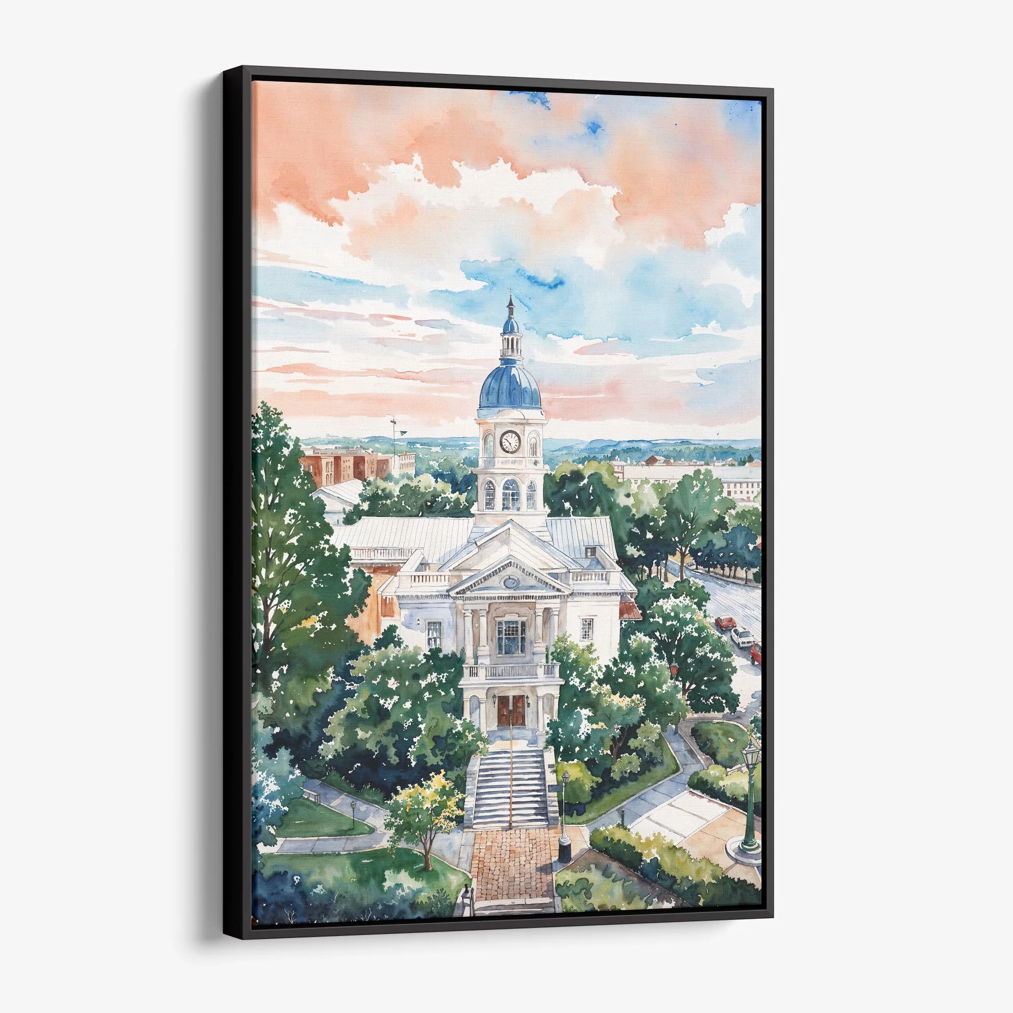 Athens, Georgia Watercolor Canvas Print – Historic Courthouse Scene