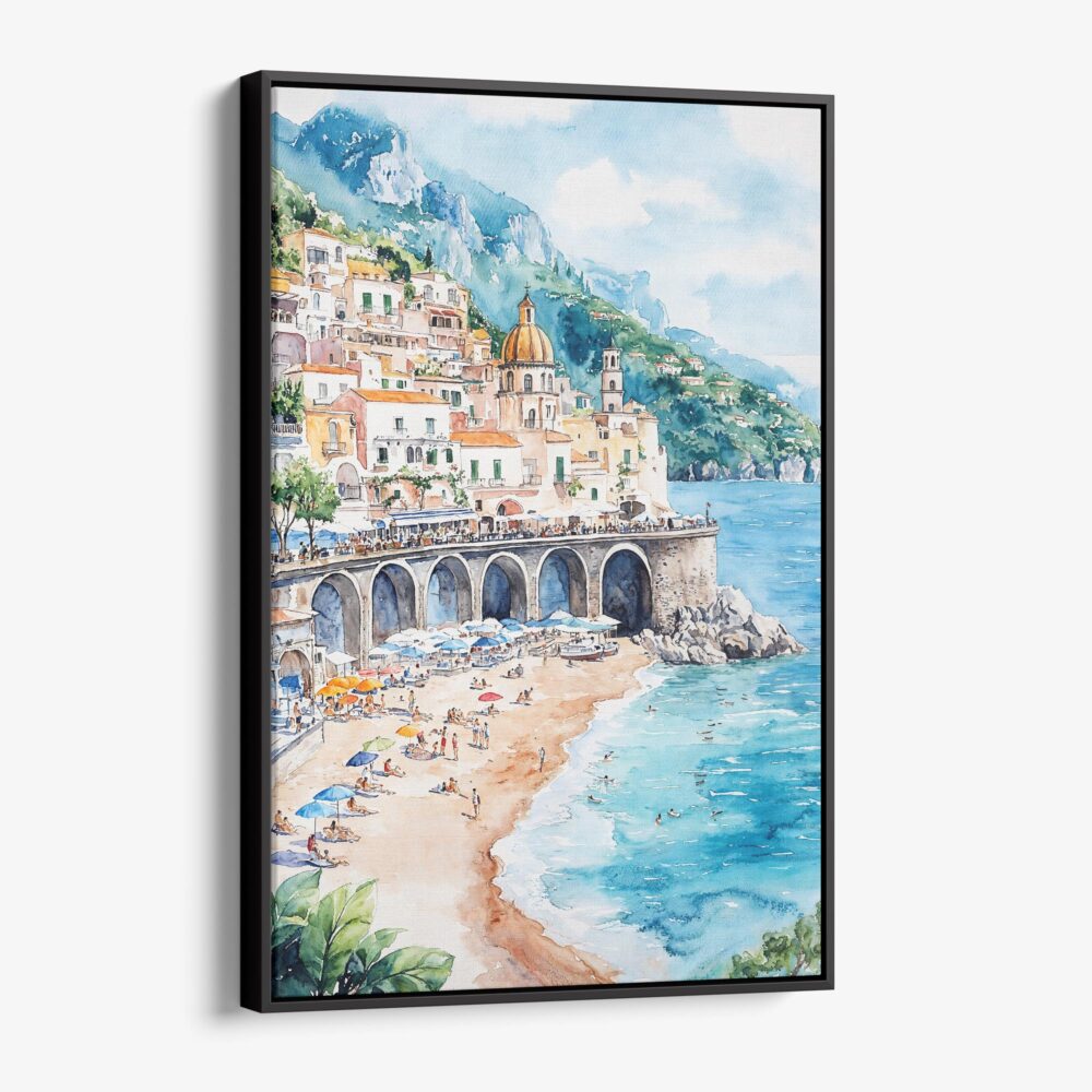 01 - Framed Atrani Italy Watercolor Canvas Print - Vertical - Main.jpg