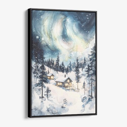 01 - Framed Aurora Lapland Finland Watercolor Canvas Print - Vertical - Main.jpg