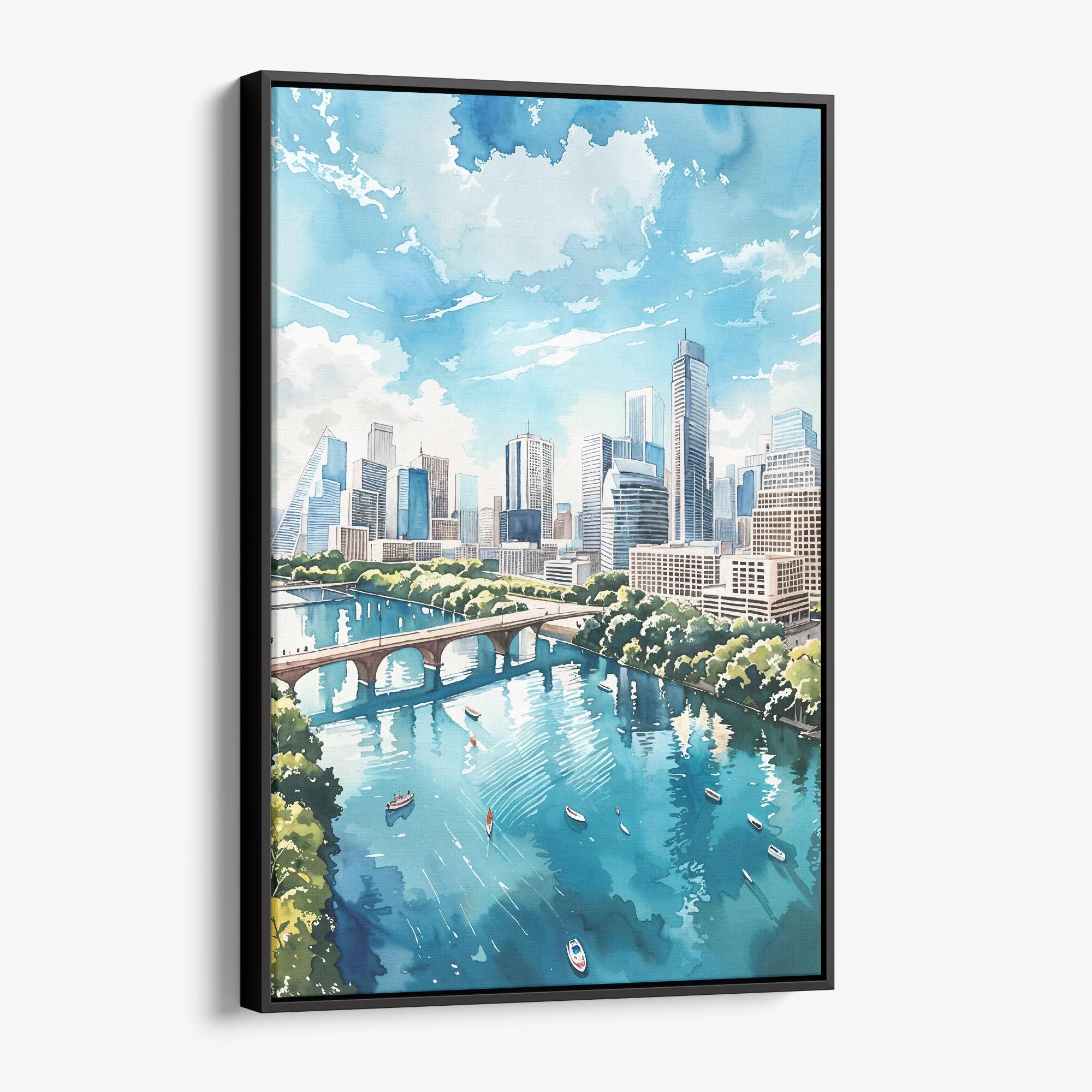 Austin Texas Watercolor Canvas Print – Vibrant City Skyline Art