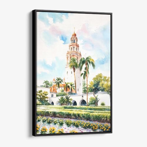 01 - Framed Balboa Park California Tower Watercolor Canvas Print - Vertical - Main.jpg