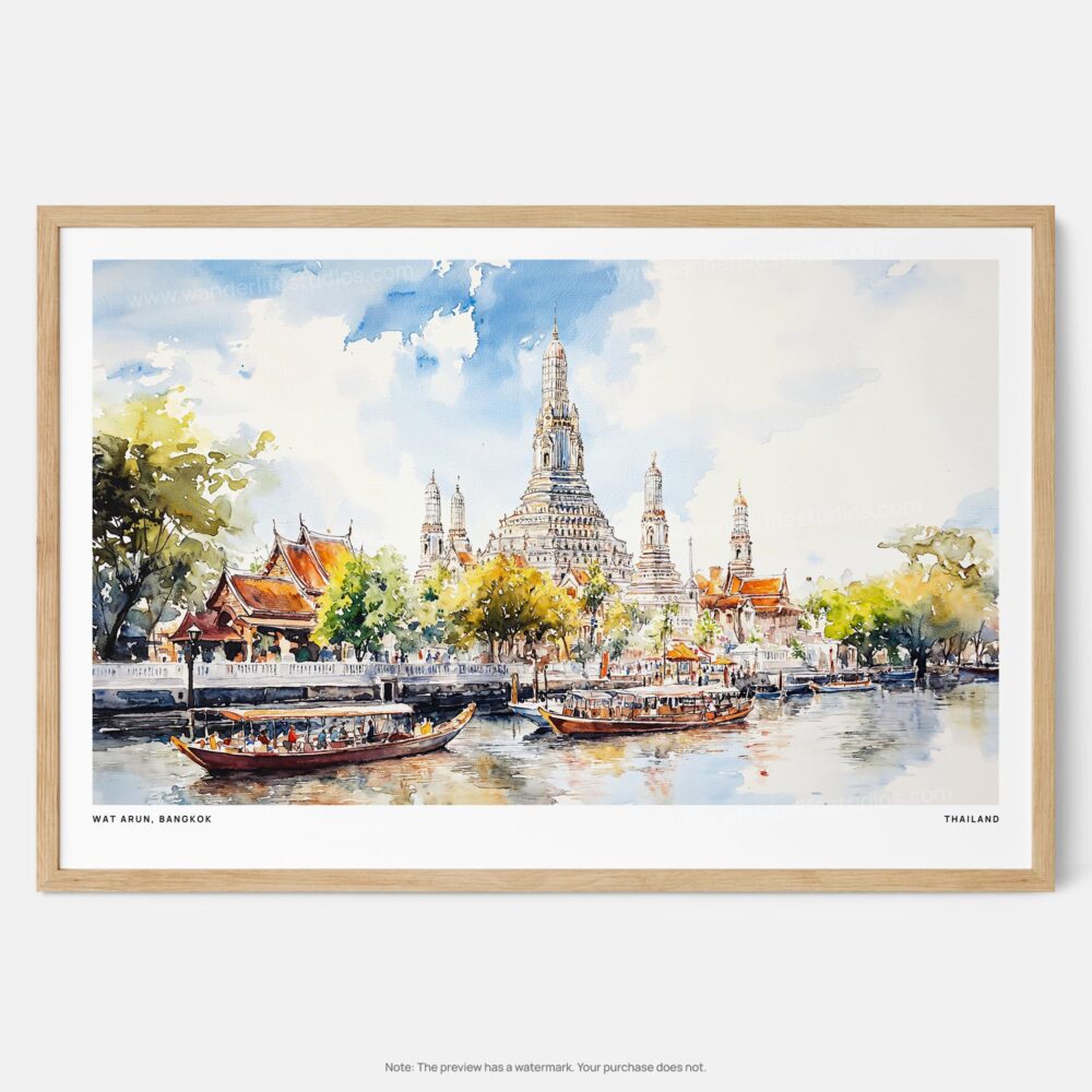 01 - Framed Bangkok Wat Arun Temple of Dawn Watercolor - Horizontal Art Print - Main.jpg