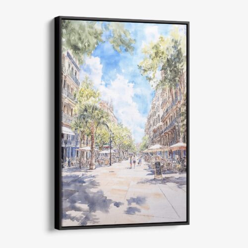 01 - Framed Barcelona Las Ramblas Watercolor Canvas Print - Vertical - Main.jpg