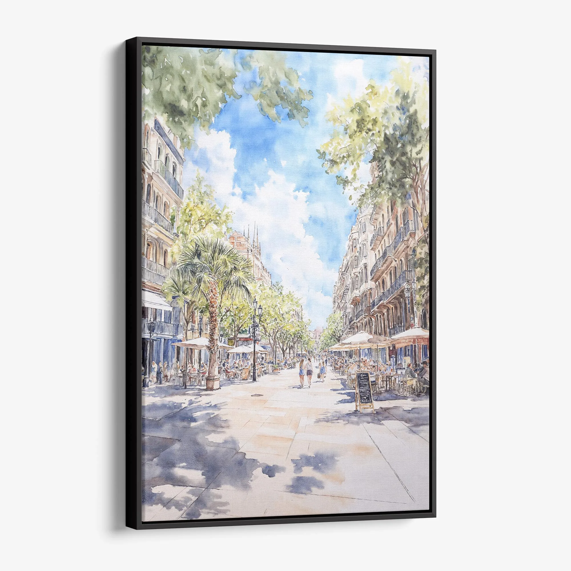 Barcelona Las Ramblas Watercolor Canvas Print – Vibrant Street Scene Art