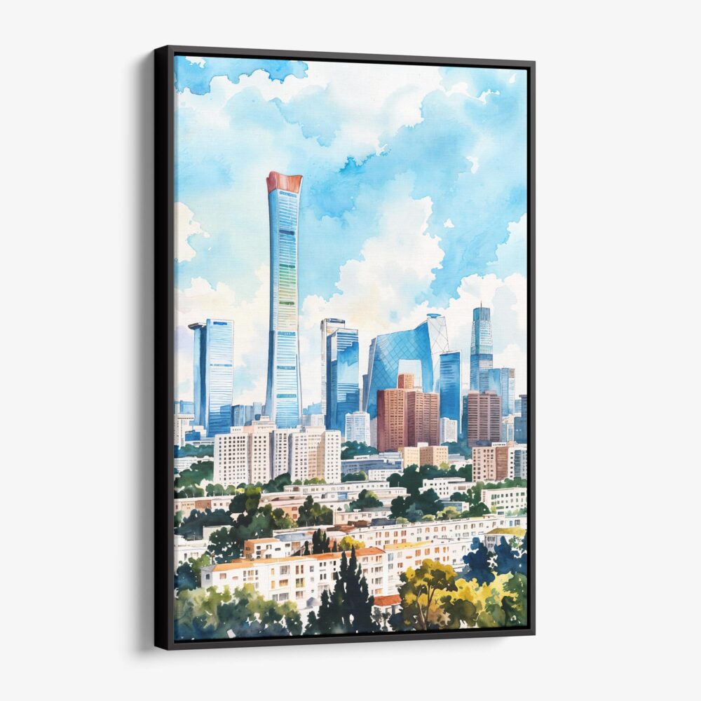 01 - Framed Beijing Skyline Watercolor Canvas Print - Vertical - Main.jpg