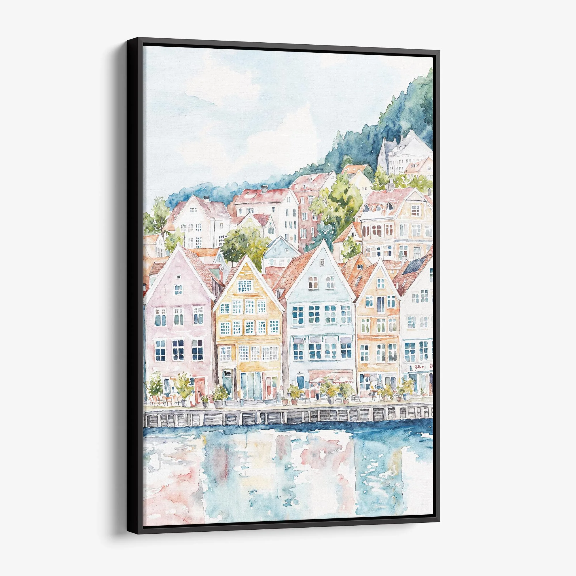 Bergen Norway Houses Canvas Print – Watercolor Waterfront Wall Art
