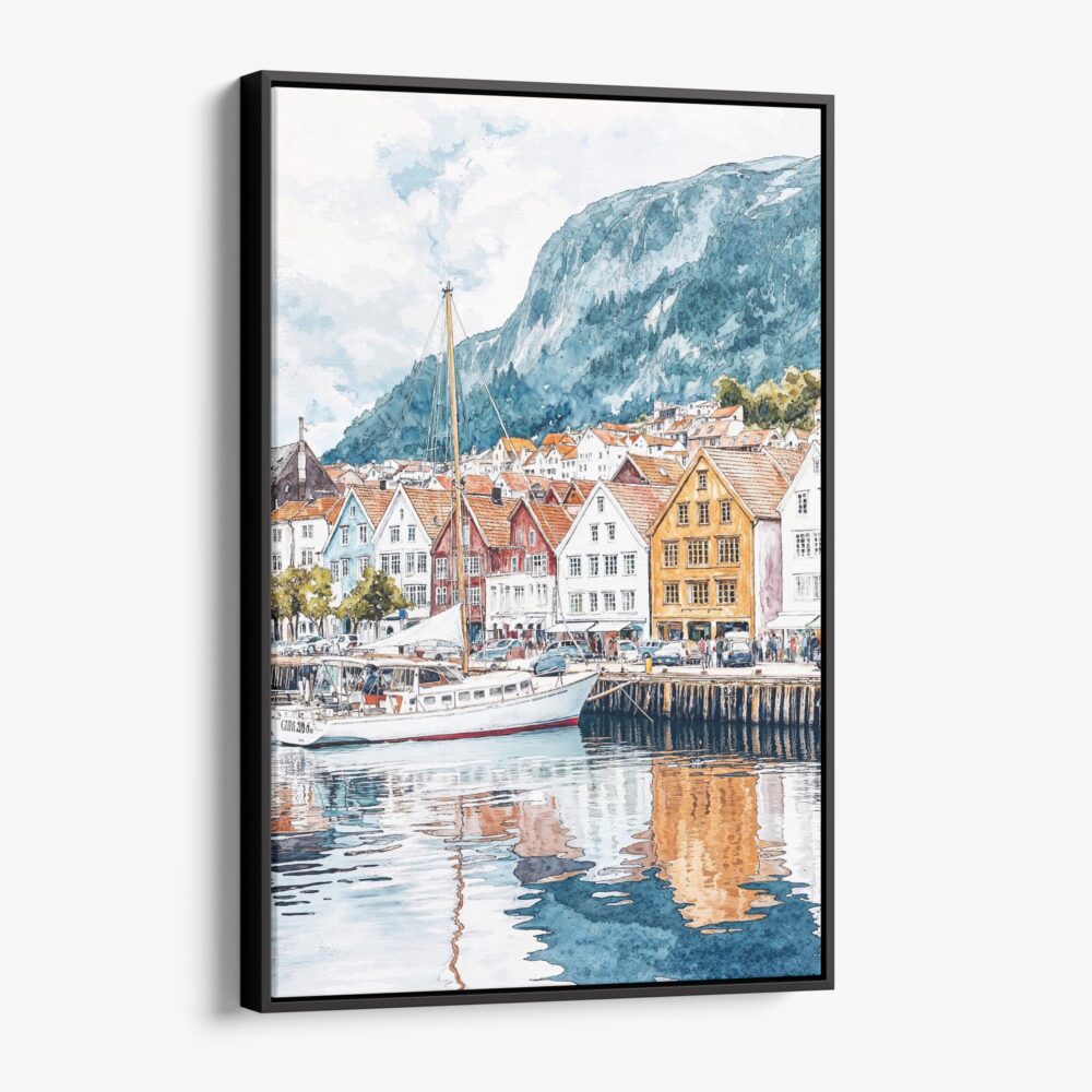 01 - Framed Bergen Norway Watercolor Canvas Print - Vertical - Main.jpg 01 - Framed Bergen Norway Watercolor Canvas Print - Vertical - Main.jpg