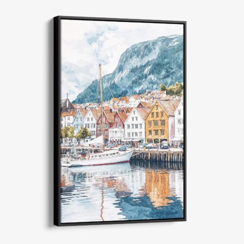 01 - Framed Bergen Norway Watercolor Canvas Print - Vertical - Main.jpg