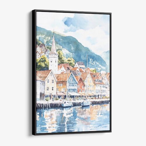 01 - Framed Bergen Norway Waterfront Watercolor Canvas Print - Vertical - Main.jpg