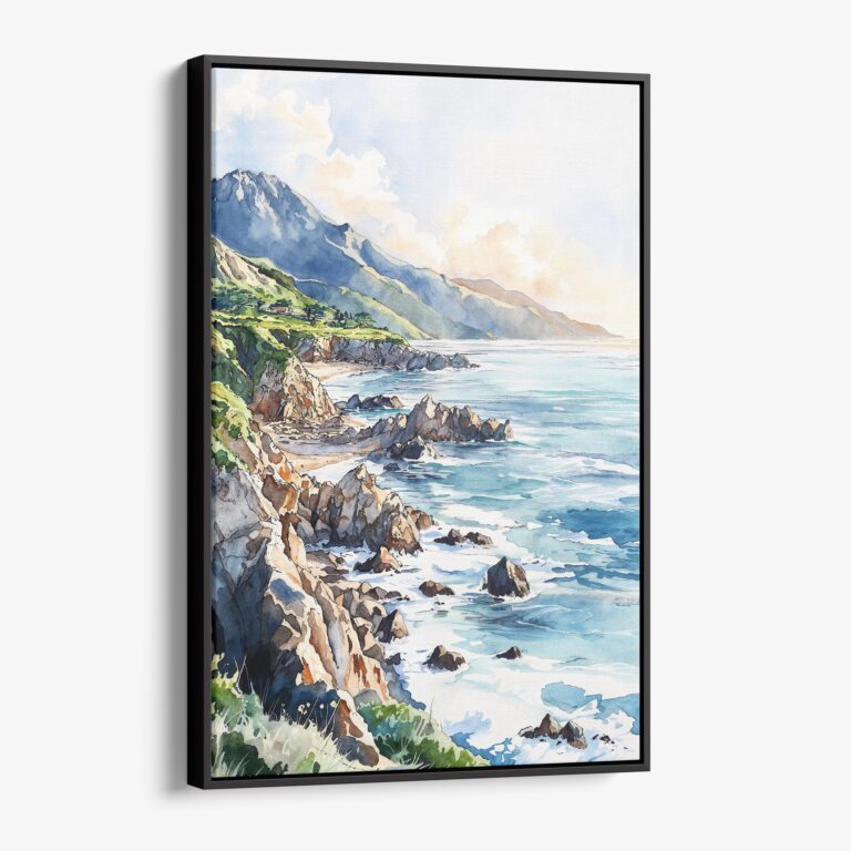 01 - Framed Big Sur California Watercolor Canvas Print - Vertical - Main.jpg