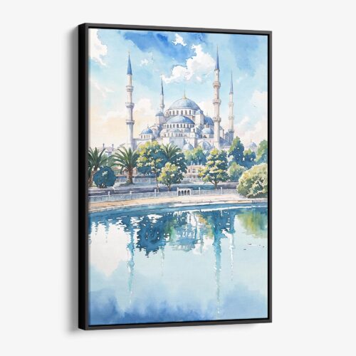 01 - Framed Blue Mosque Watercolor Canvas Print - Vertical - Main.jpg