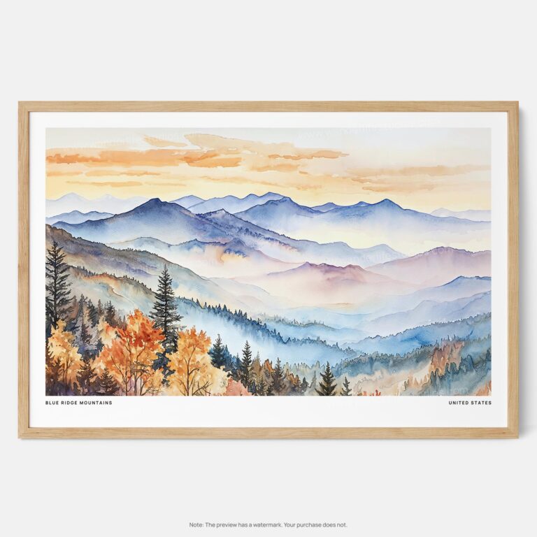 01 - Framed Blue Ridge Mountains Watercolor - Horizontal Art Print - Main.jpg