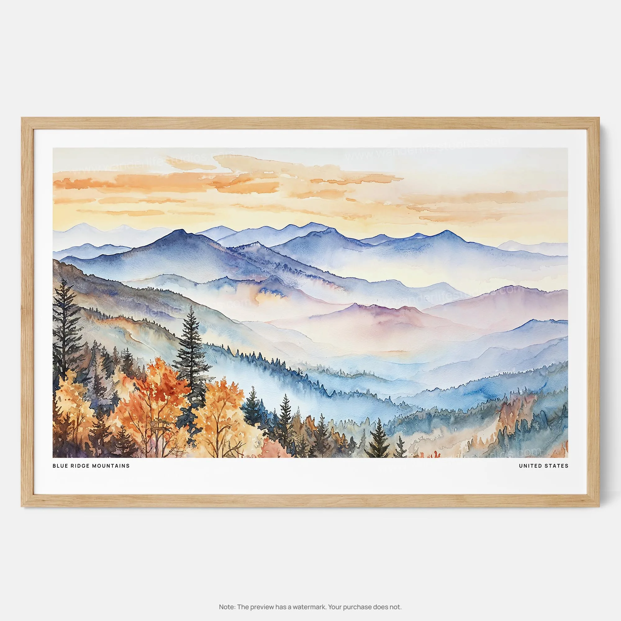 Blue Ridge Mountains Watercolor Art Print – Peaceful Landscape Wall Decor