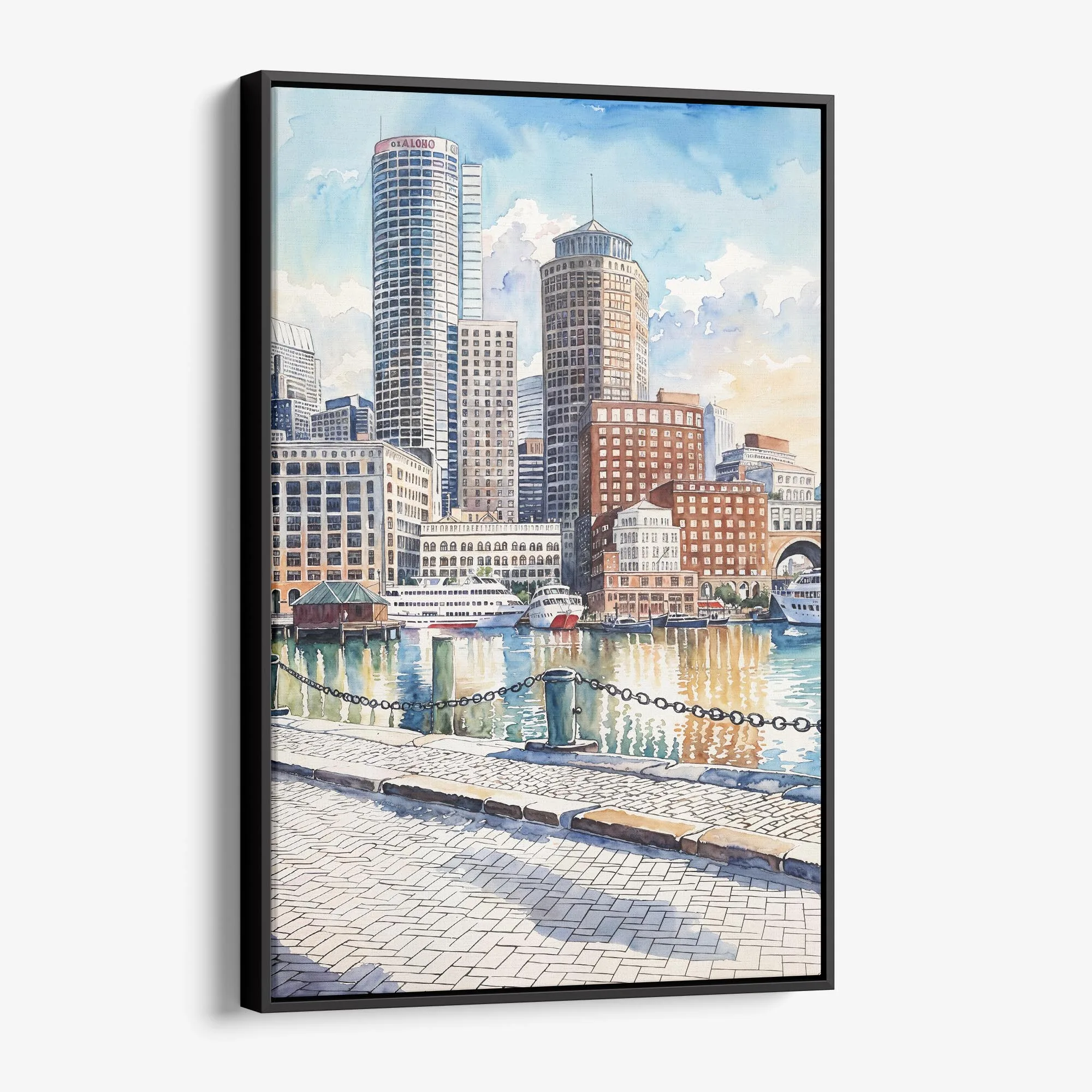 Boston Harbor Watercolor Canvas Print – Cityscape Wall Art