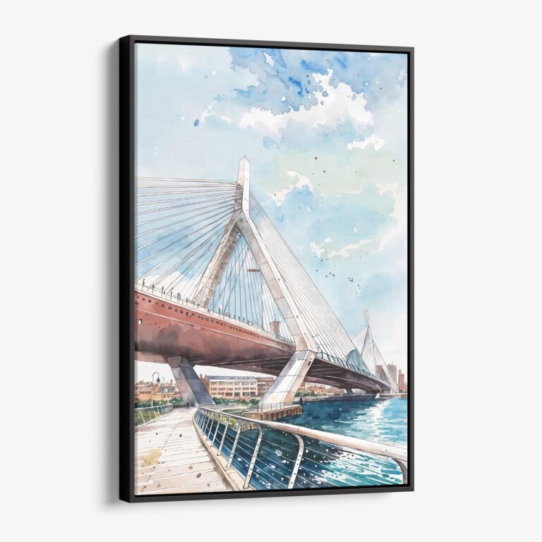 01 - Framed Boston Zakim Bridge Watercolor Canvas Print - Vertical - Main.jpg
