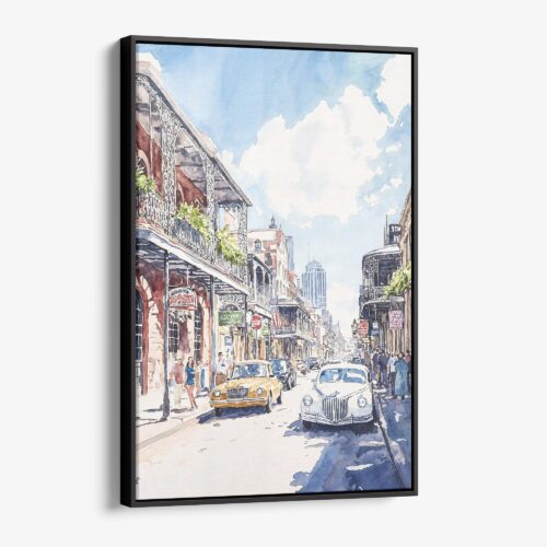01 - Framed Bourbon Street New Orleans Watercolor Canvas Print - Vertical - Main.jpg