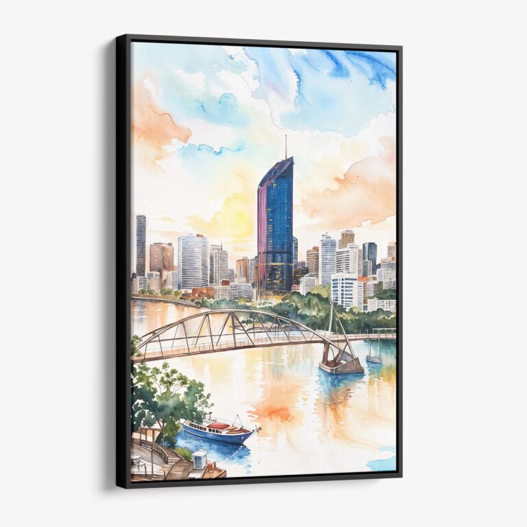01 - Framed Brisbane Skyline Watercolor Canvas Print - Vertical - Main.jpg
