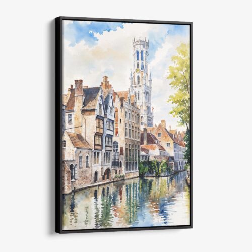 01 - Framed Bruges Belgium Watercolor Canvas Print - Vertical - Main.jpg