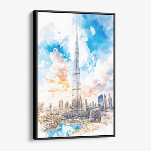 01 - Framed Burj Khalifa Dubai Watercolor Canvas Print - Vertical - Main.jpg