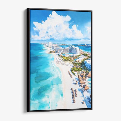 01 - Framed Cancun Mexico Watercolor Canvas Print - Vertical - Main.jpg