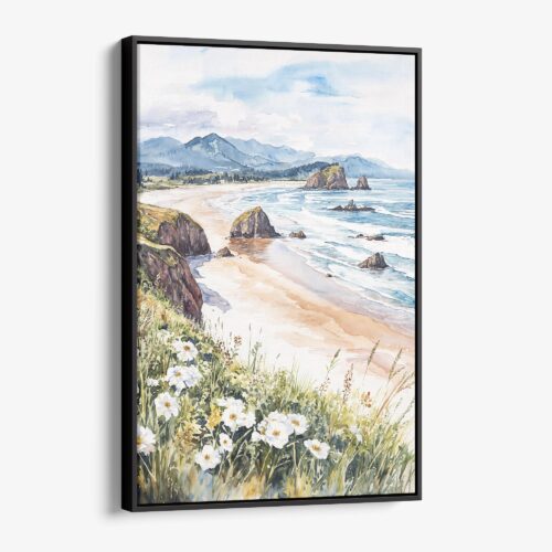 01 - Framed Cannon Beach Oregon Watercolor Canvas Print - Vertical - Main.jpg