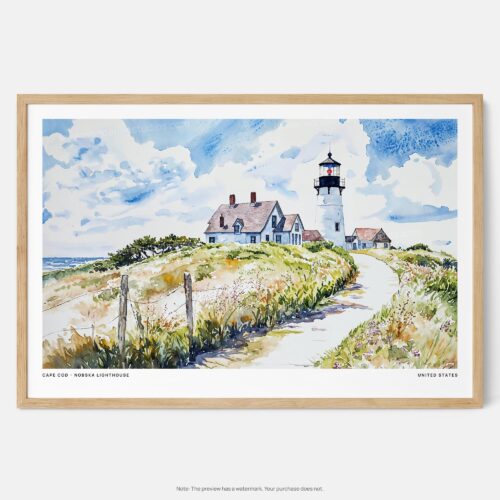 01 - Framed Cape Cod Nobska Lighthouse Watercolor - Horizontal Art Print - Main.jpg