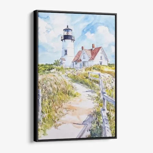 01 - Framed Cape Cod Nobska Watercolor Canvas Print - Vertical - Main.jpg