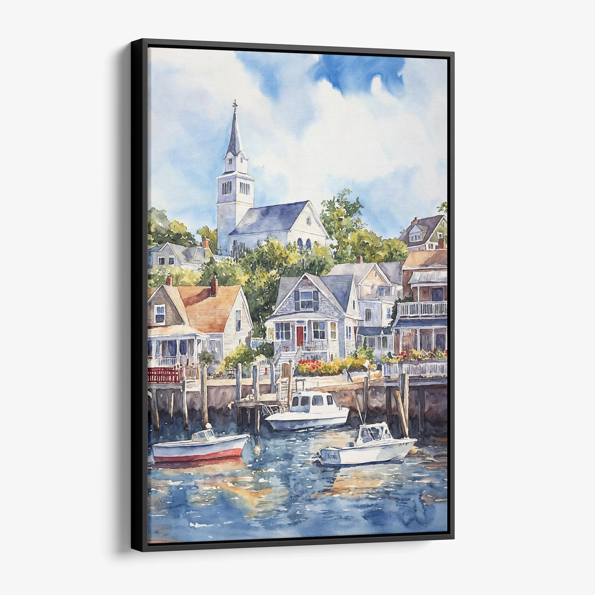 Cape Cod Watercolor Canvas Print – Charming Coastal Scene