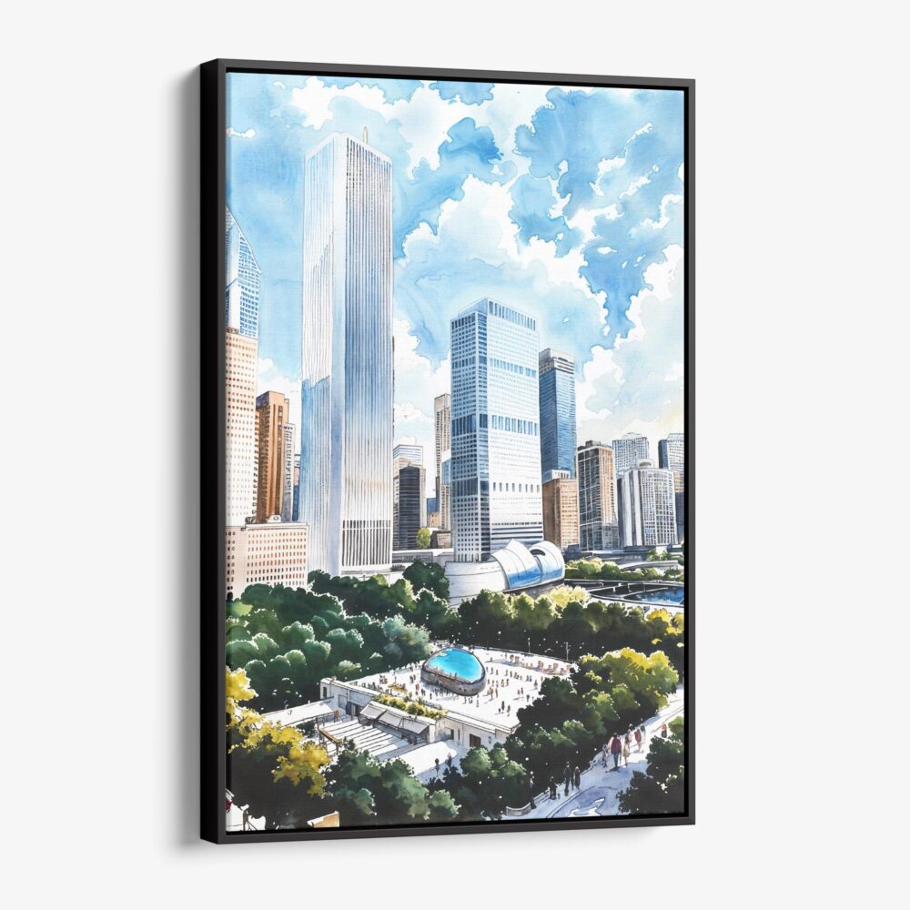 01 - Framed Chicago Millenium Park Watercolor Canvas Print - Vertical - Main.jpg