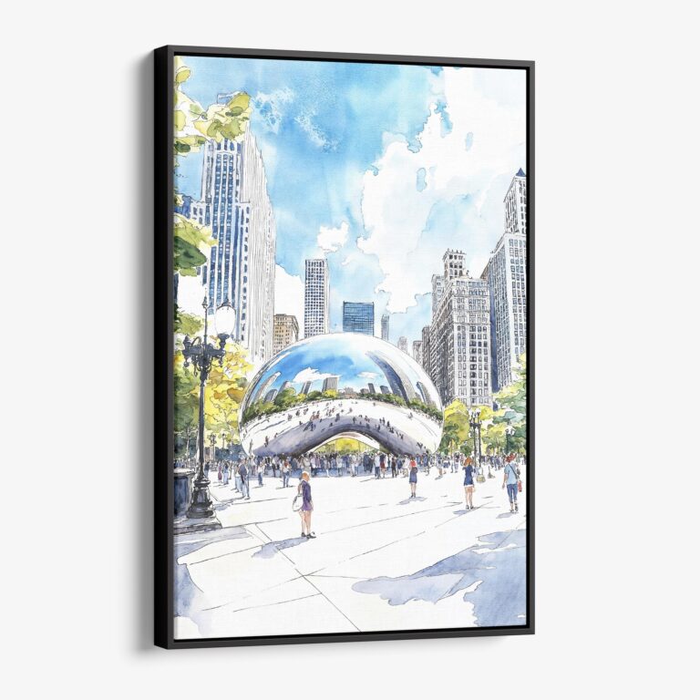 01 - Framed Chicago The Bean Cloud Gate Watercolor Canvas Print - Vertical - Main.jpg